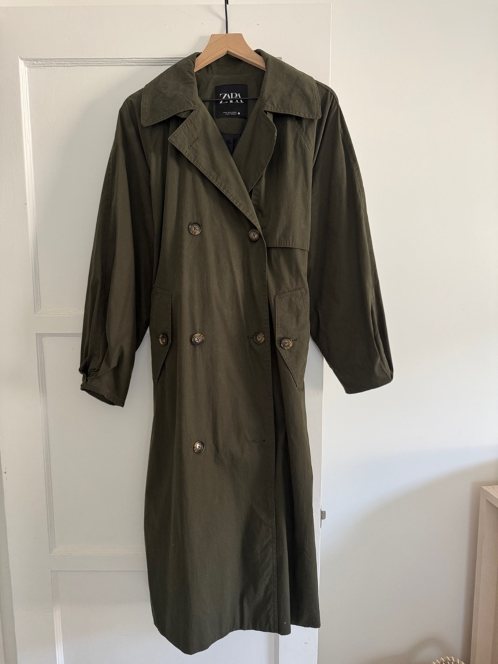 Zara Dark Olive Double-Breasted Trench Coat